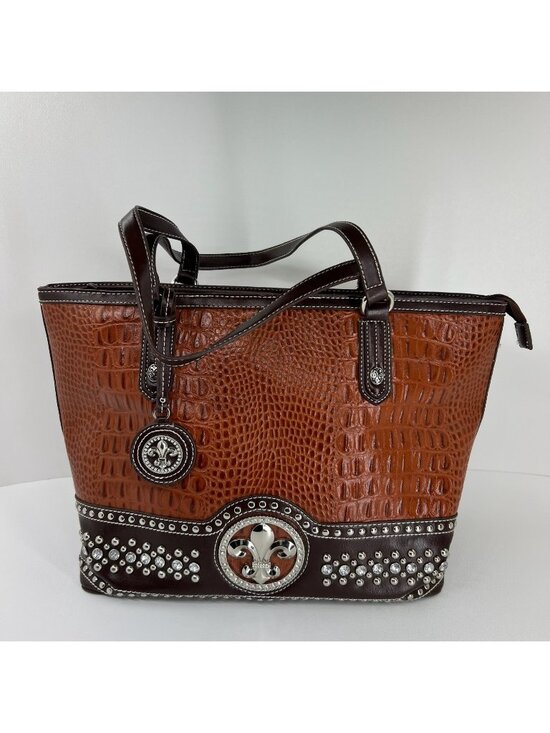 Silverake Handbags - Silverake Shoulder Tote Bag Fleur De Lis Rhinestone Studded Croc Textured Brown